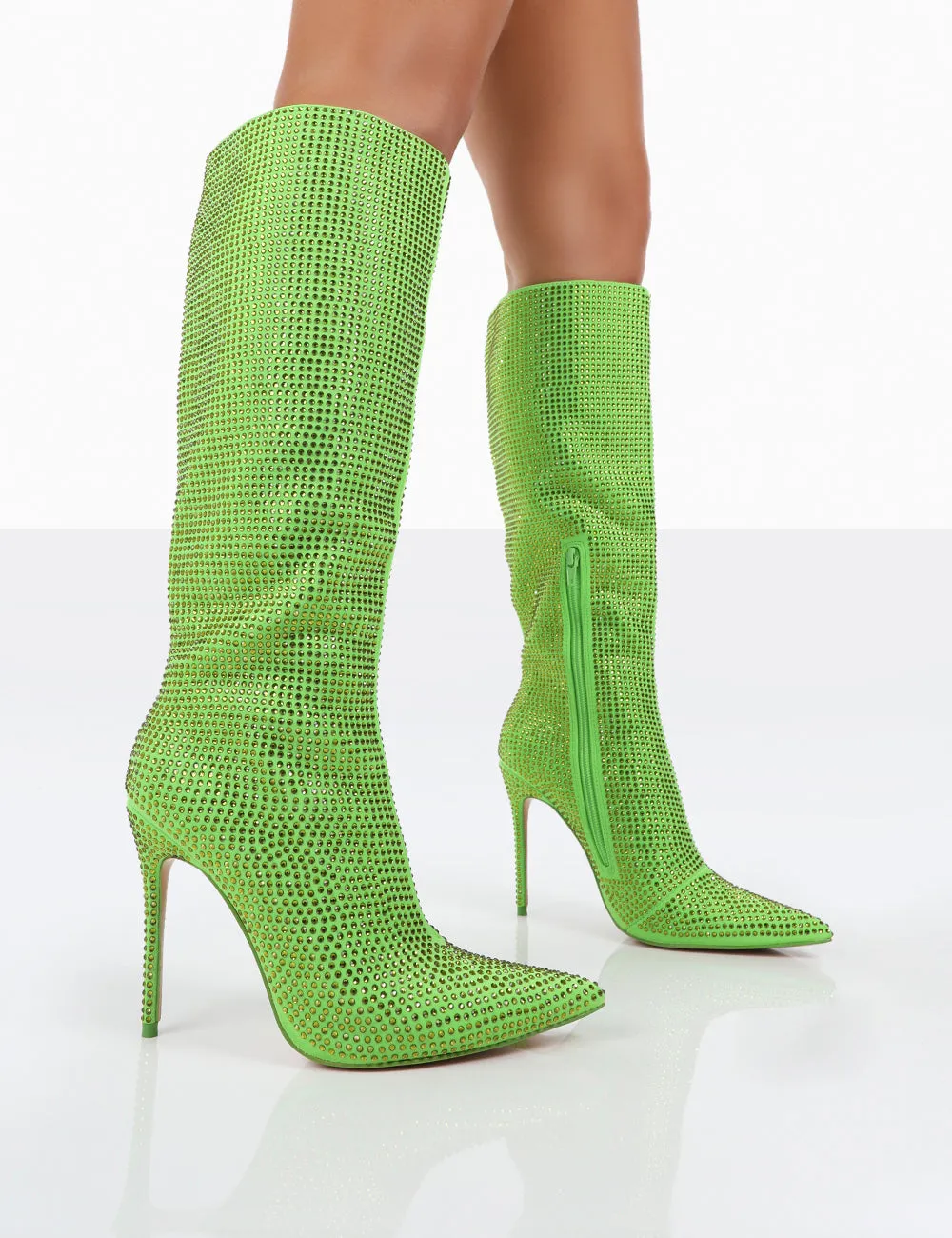 Lexi Green Diamantes Pointed Toe Stiletto Knee High Boots