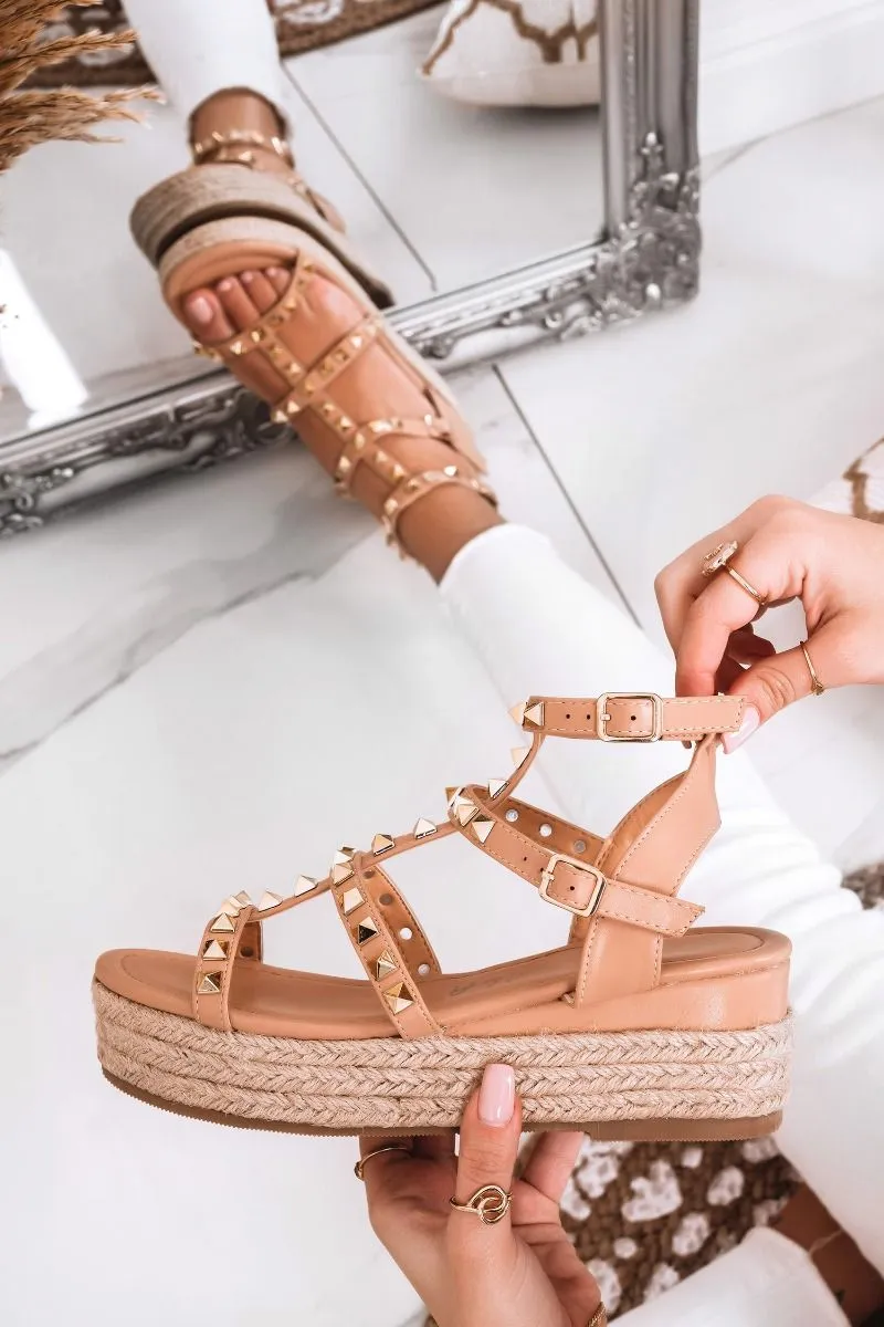 LOREEN - sandali espadrilles con borchie oro beige