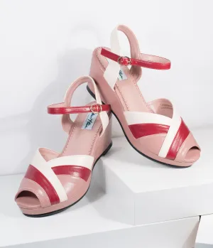 Lulu Hun Beige & Red Leatherette Tonya Peep Toe Wedges