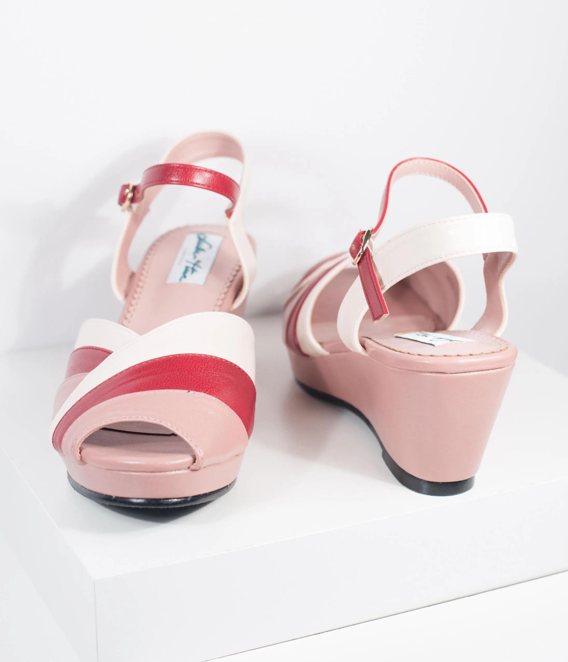 Lulu Hun Beige & Red Leatherette Tonya Peep Toe Wedges