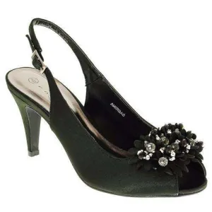 Mid Heel Slingback Peep Toe Corsage Lunar Sabrina Satin Black