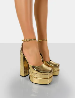 Moonchild Gold Croc Closed Toe Statement Platform Block Heels