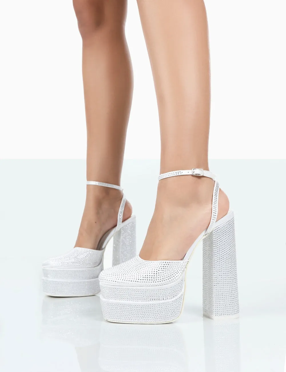 Moonchild Wide Fit White Diamanté Satin Statement Platform Block Heels