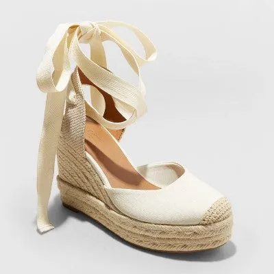 New - Women's Adriana Ankle Wrap Wedge Heels with Memory Foam Insole - Universal Thread Cream 6