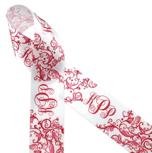 Personalized Monogram holiday ribbon in red with a red Chinoiserie design printed on 1.5"  white single face satin, 25 yards