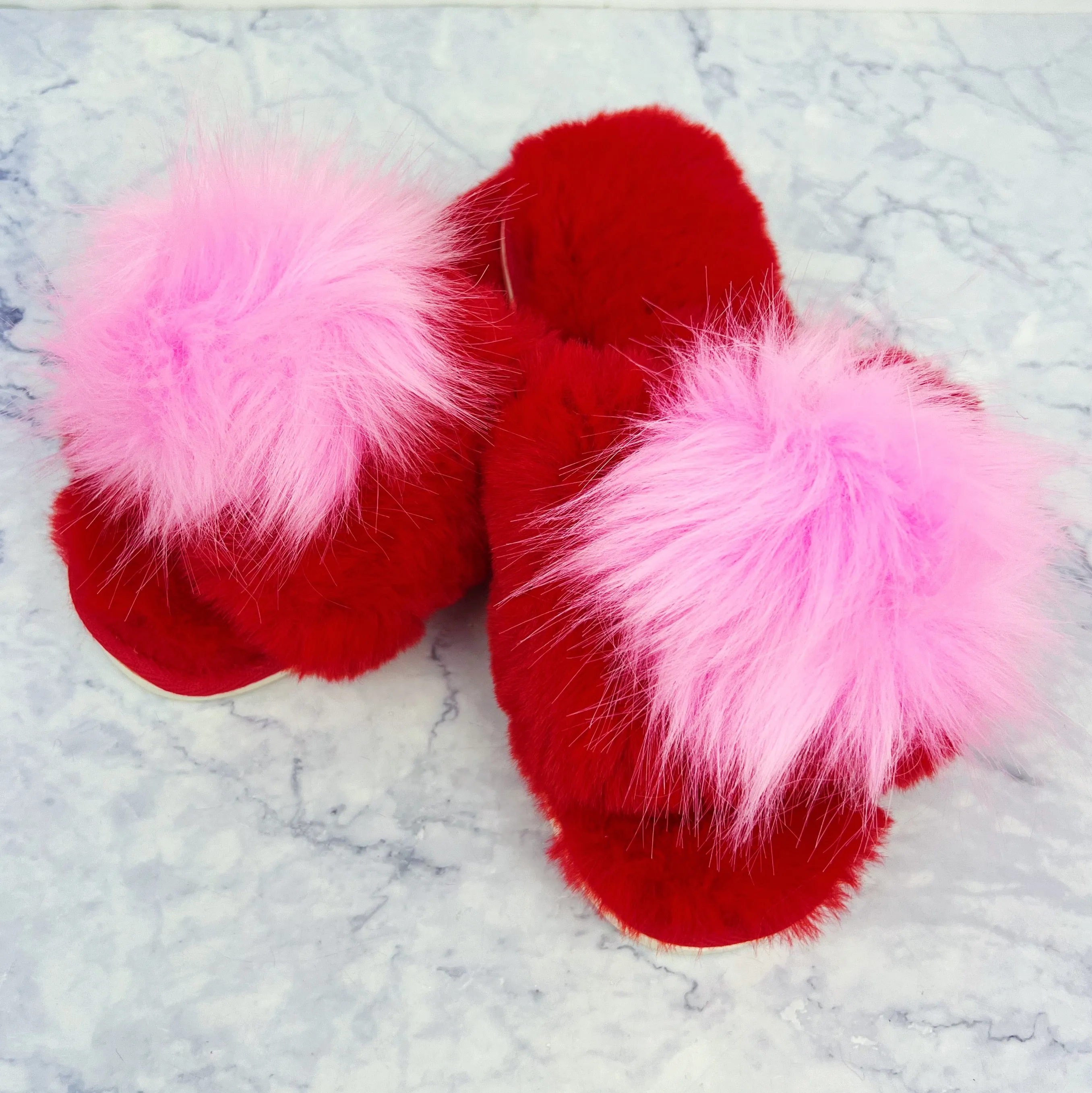 Pink and Red Pom Pom Fuzzy Slipper