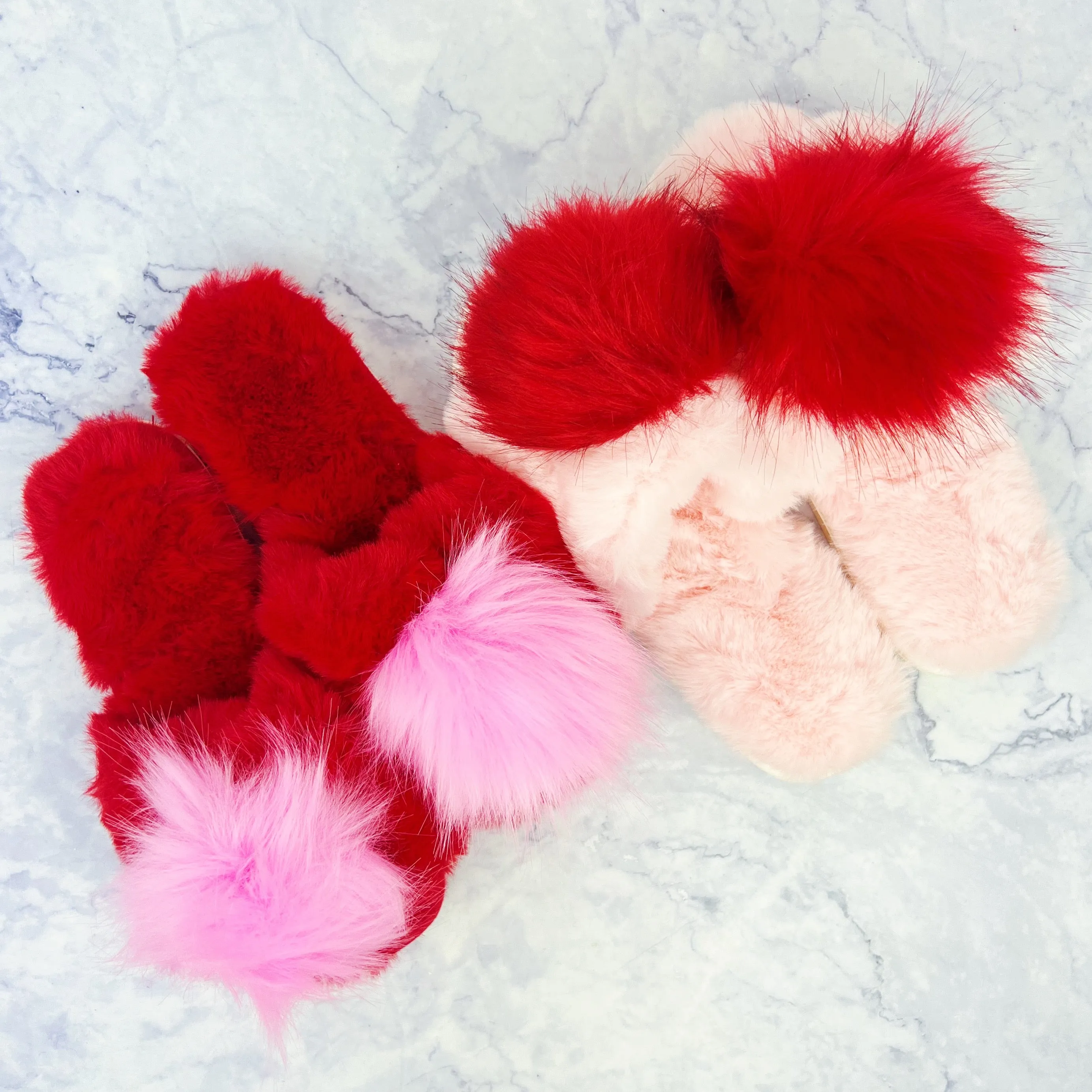 Pink and Red Pom Pom Fuzzy Slipper