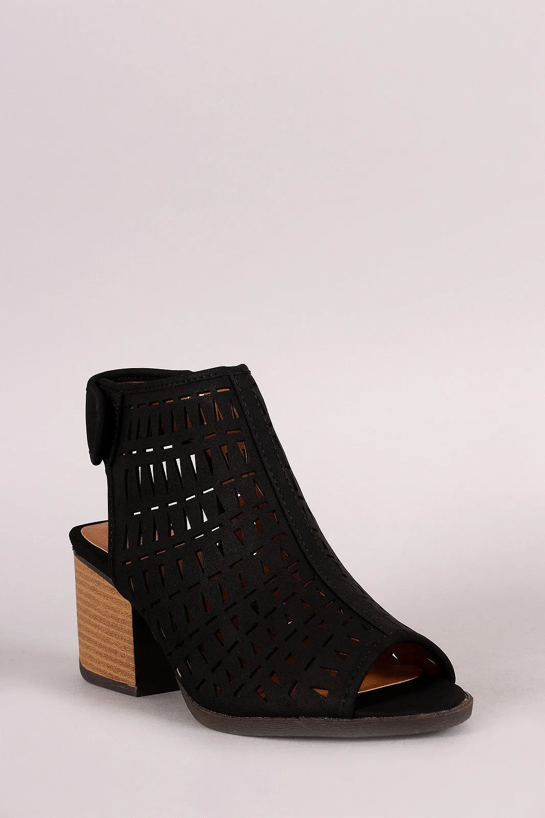 Qupid Perforated Peep Toe Block Heel Bootie