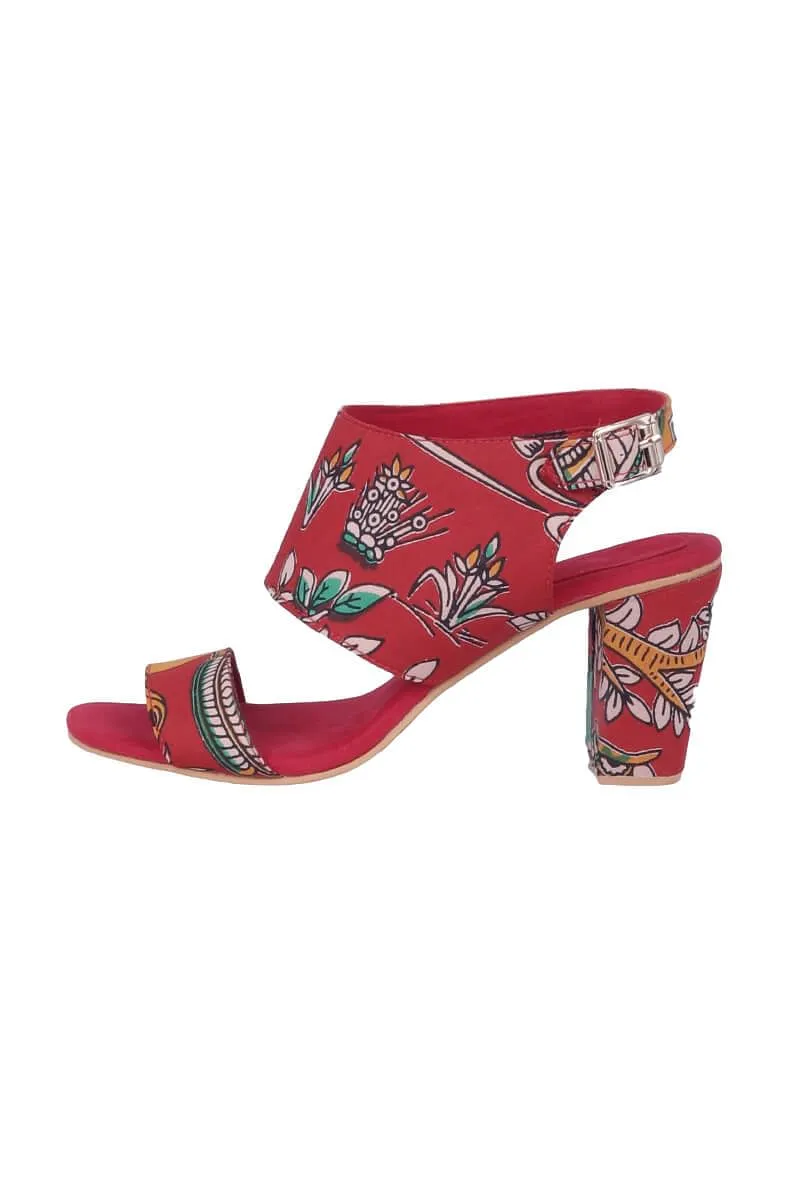 Red Cotton Kalamkari Strappy Block Heels