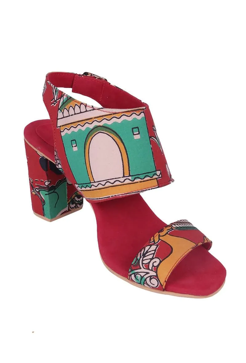 Red Cotton Kalamkari Strappy Block Heels