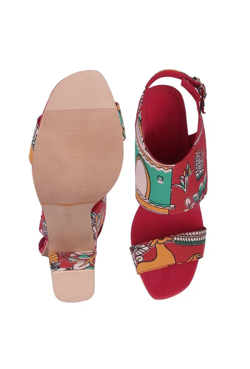 Red Cotton Kalamkari Strappy Block Heels