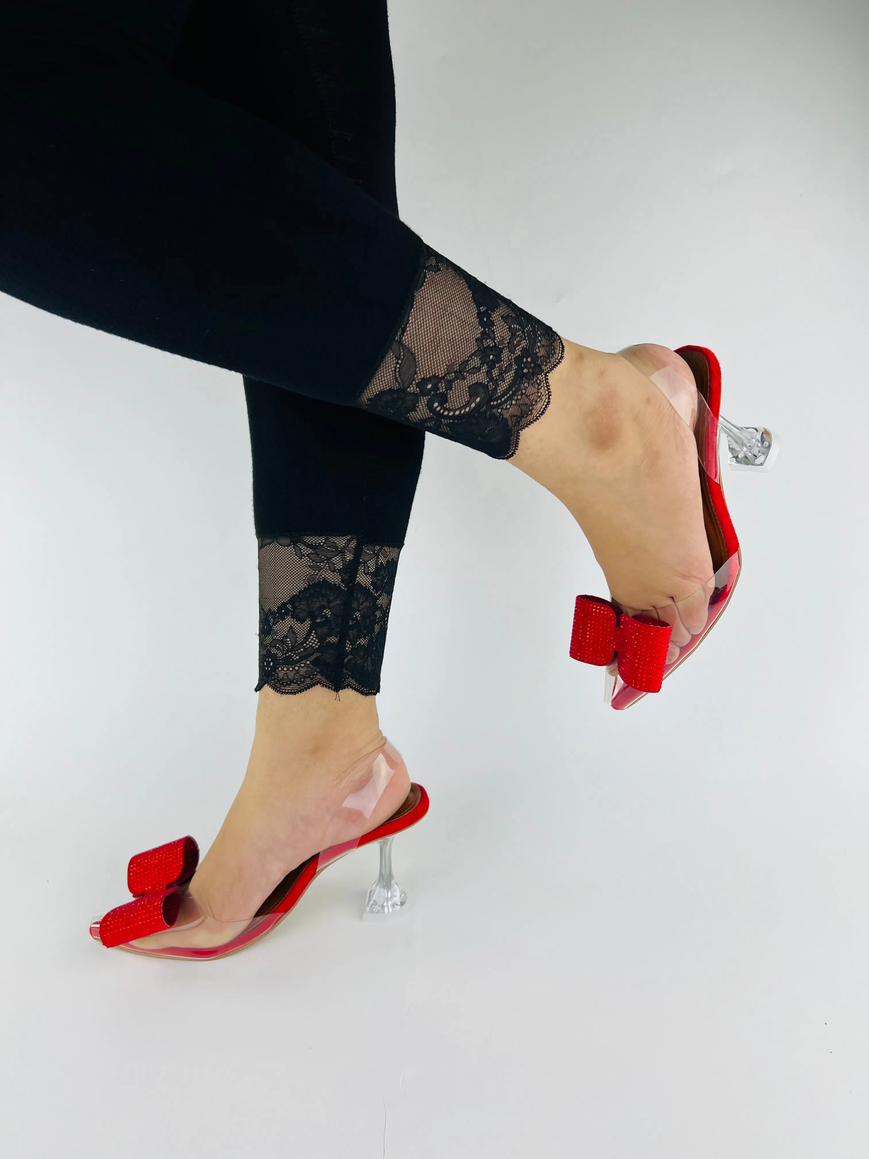 Red Romeo Crystal Embellished Shiny Bow Pointed Toe Heels