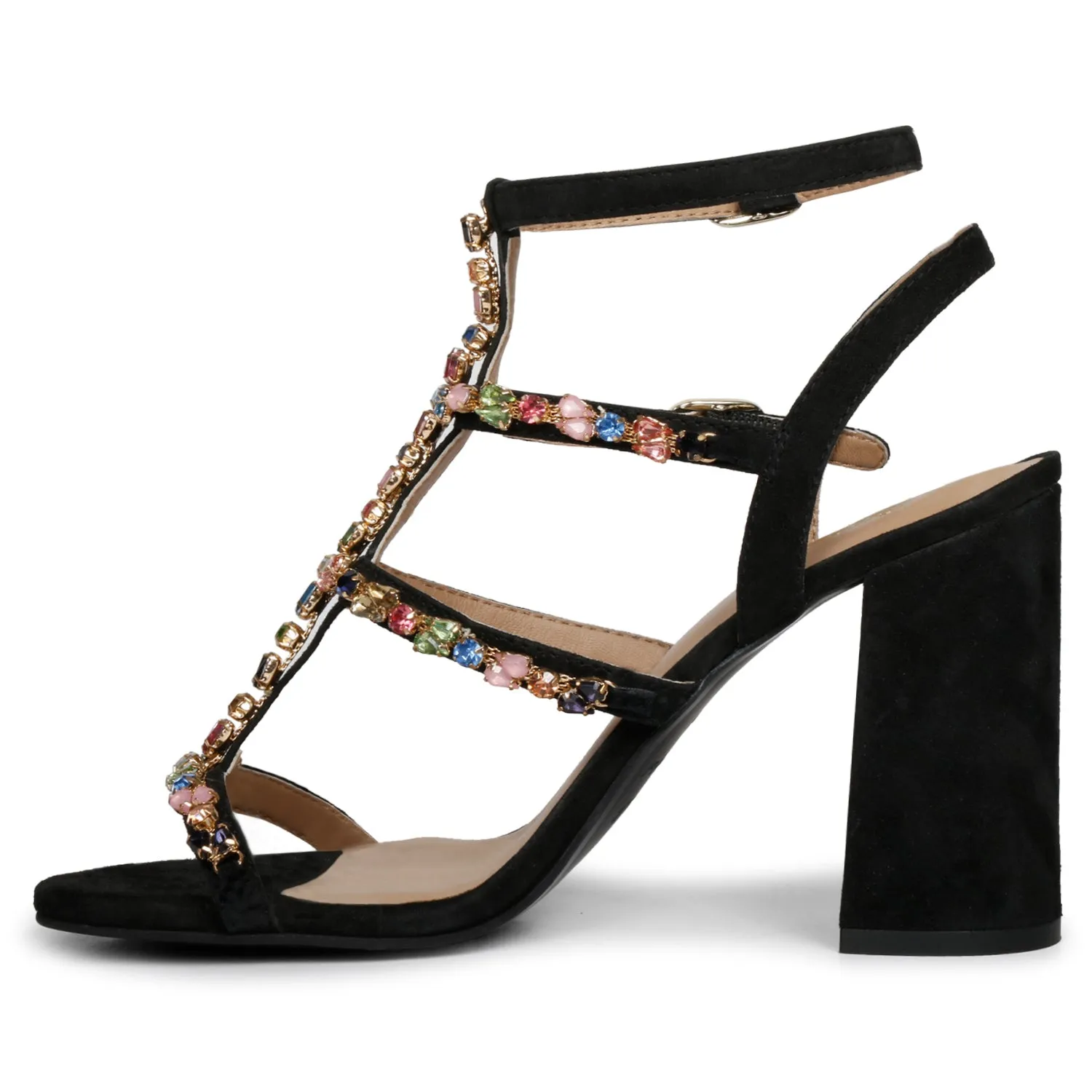 Saint Gretel Multi Stone Embellished Black Leather Cage Block Heels