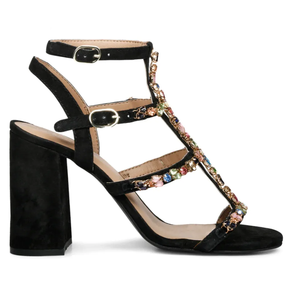 Saint Gretel Multi Stone Embellished Black Leather Cage Block Heels