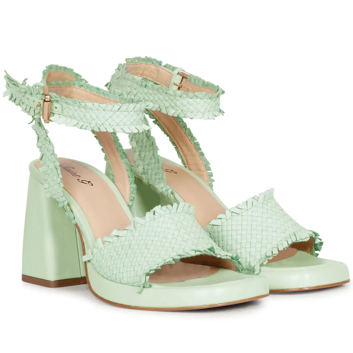 Saint Hannah Aqua Woven Leather Block Heels