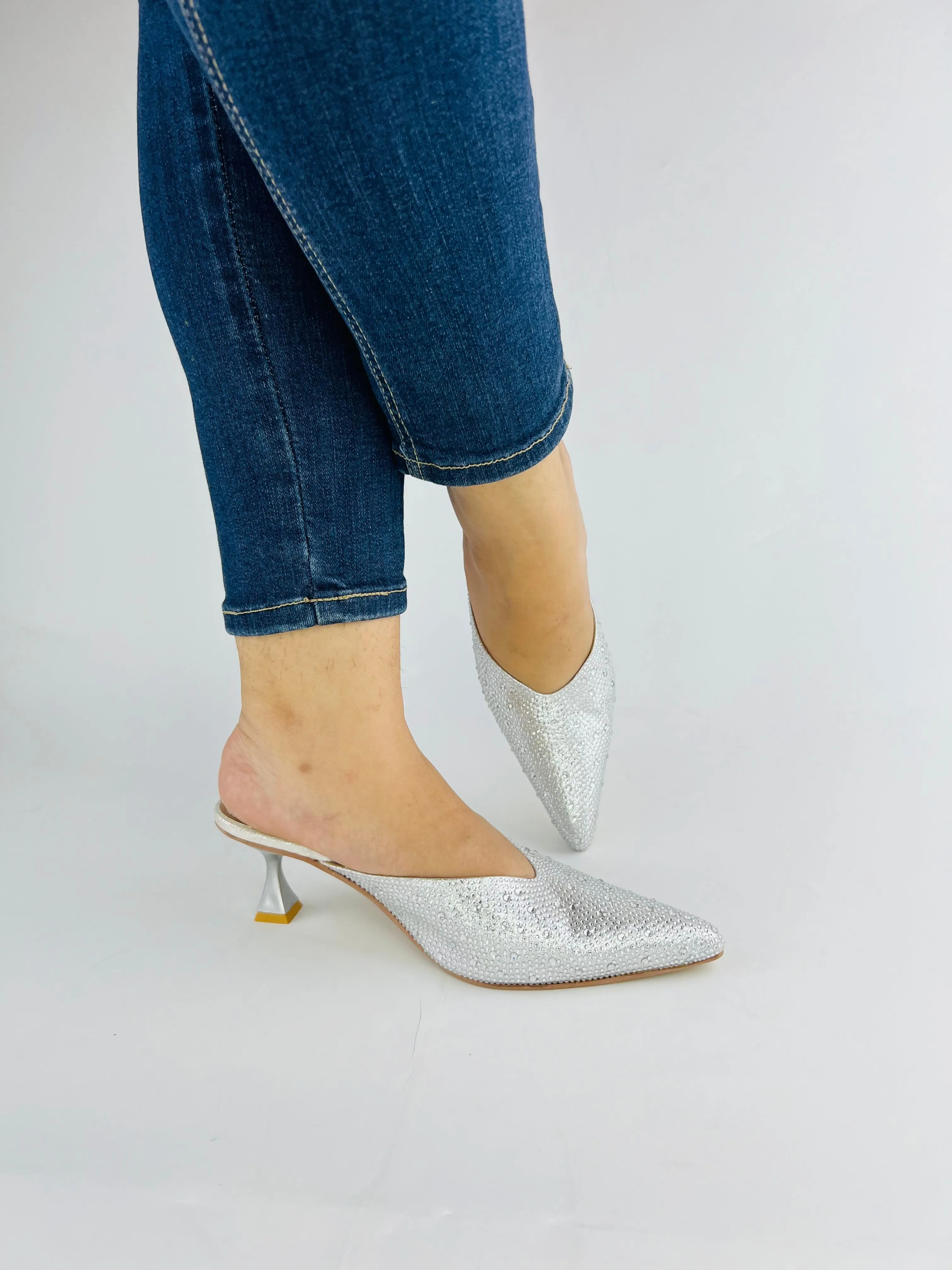 Spunkz Elegant Silver Mules with Shiny Crystal Stones and Pointed Toe Design