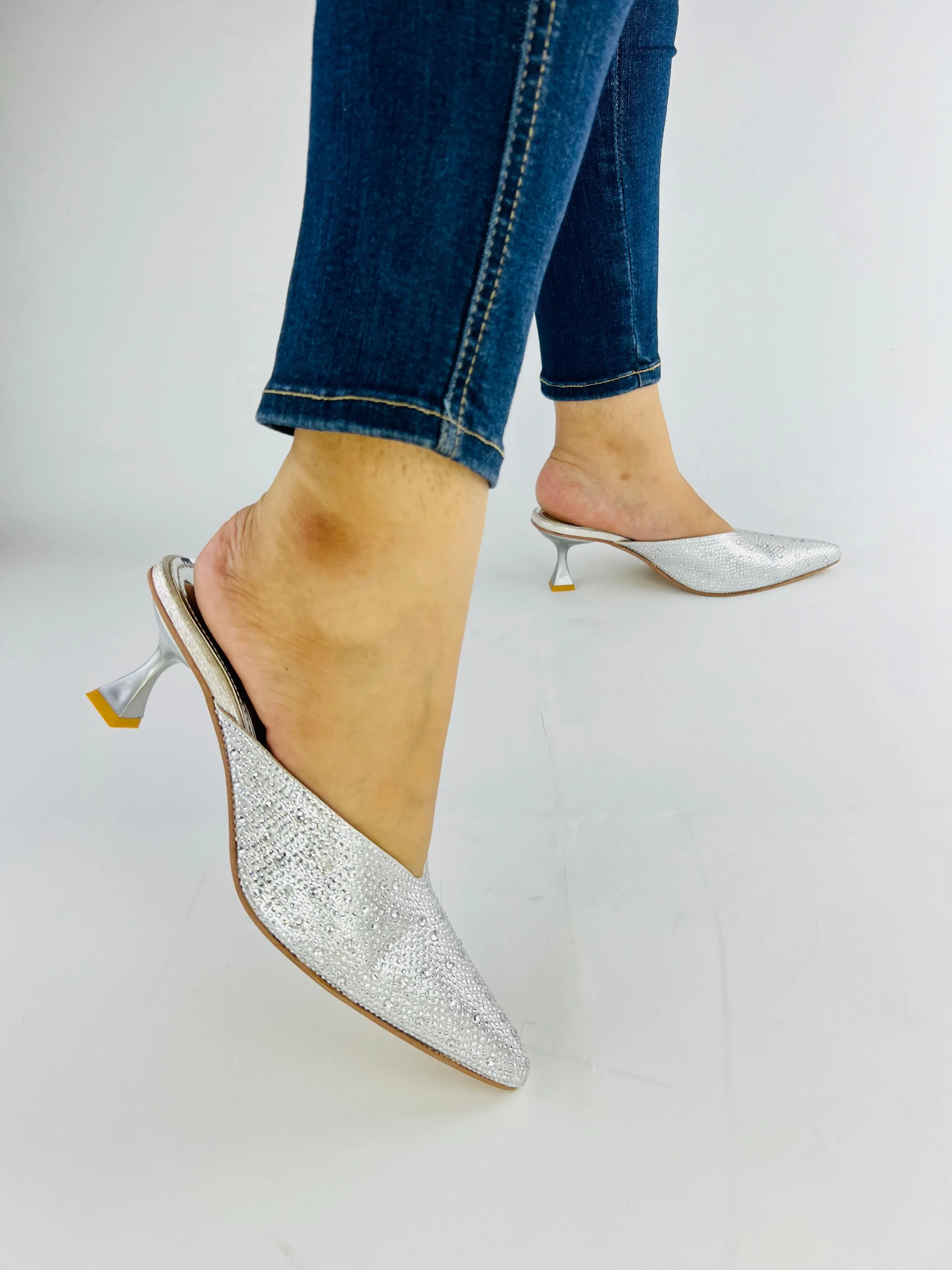 Spunkz Elegant Silver Mules with Shiny Crystal Stones and Pointed Toe Design