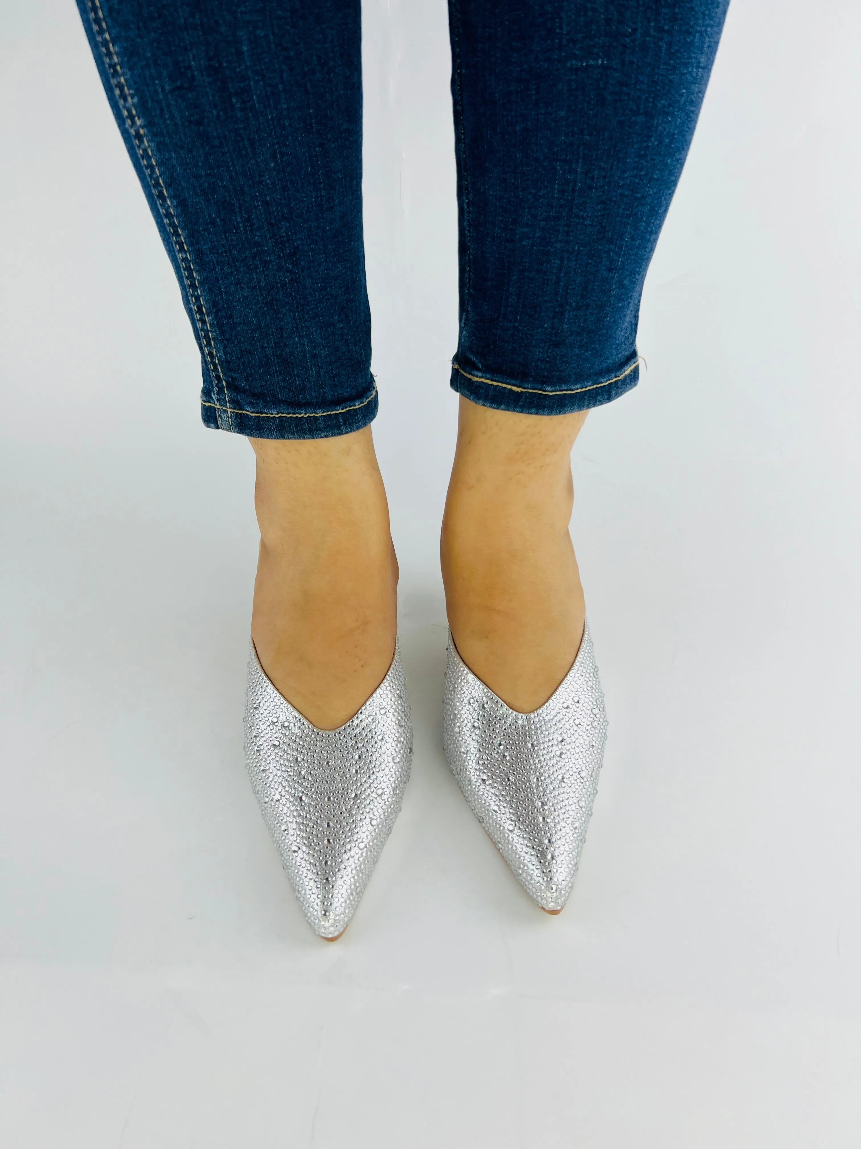 Spunkz Elegant Silver Mules with Shiny Crystal Stones and Pointed Toe Design