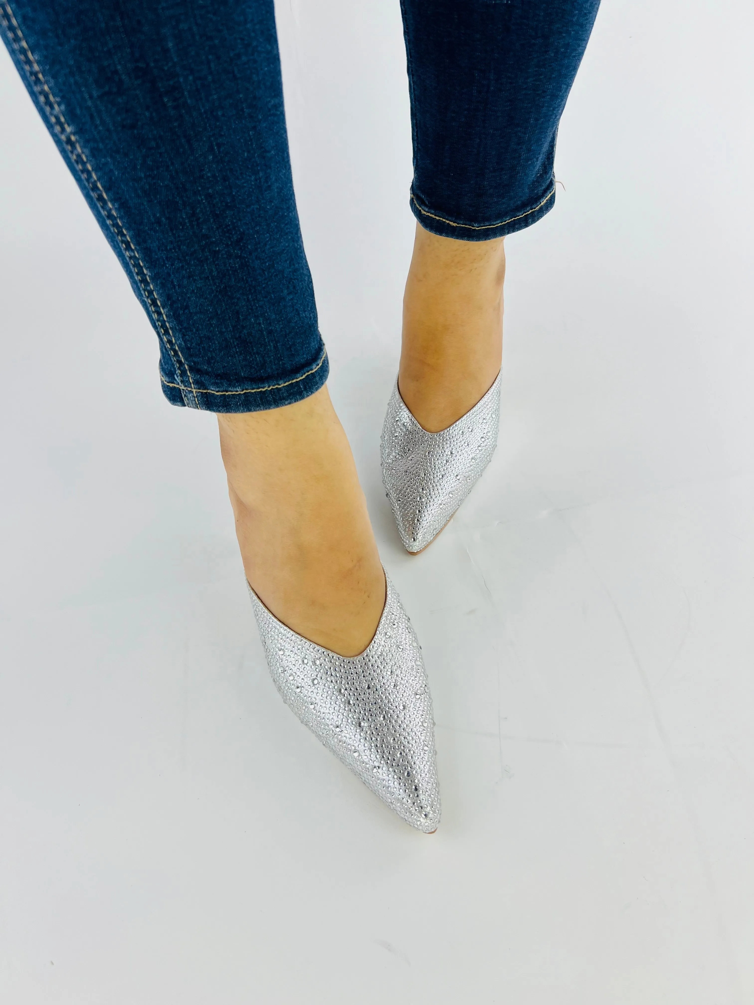 Spunkz Elegant Silver Mules with Shiny Crystal Stones and Pointed Toe Design