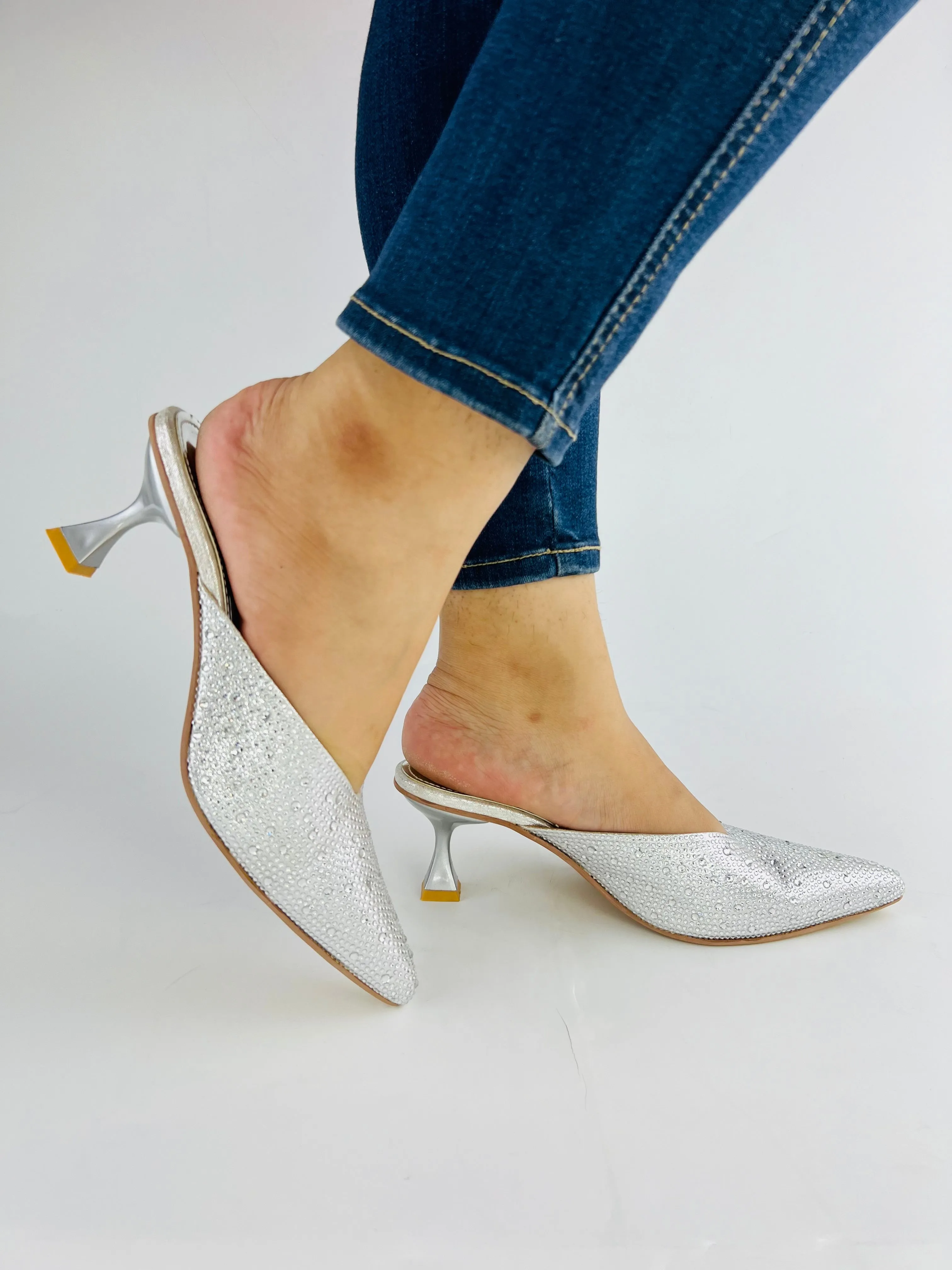 Spunkz Elegant Silver Mules with Shiny Crystal Stones and Pointed Toe Design