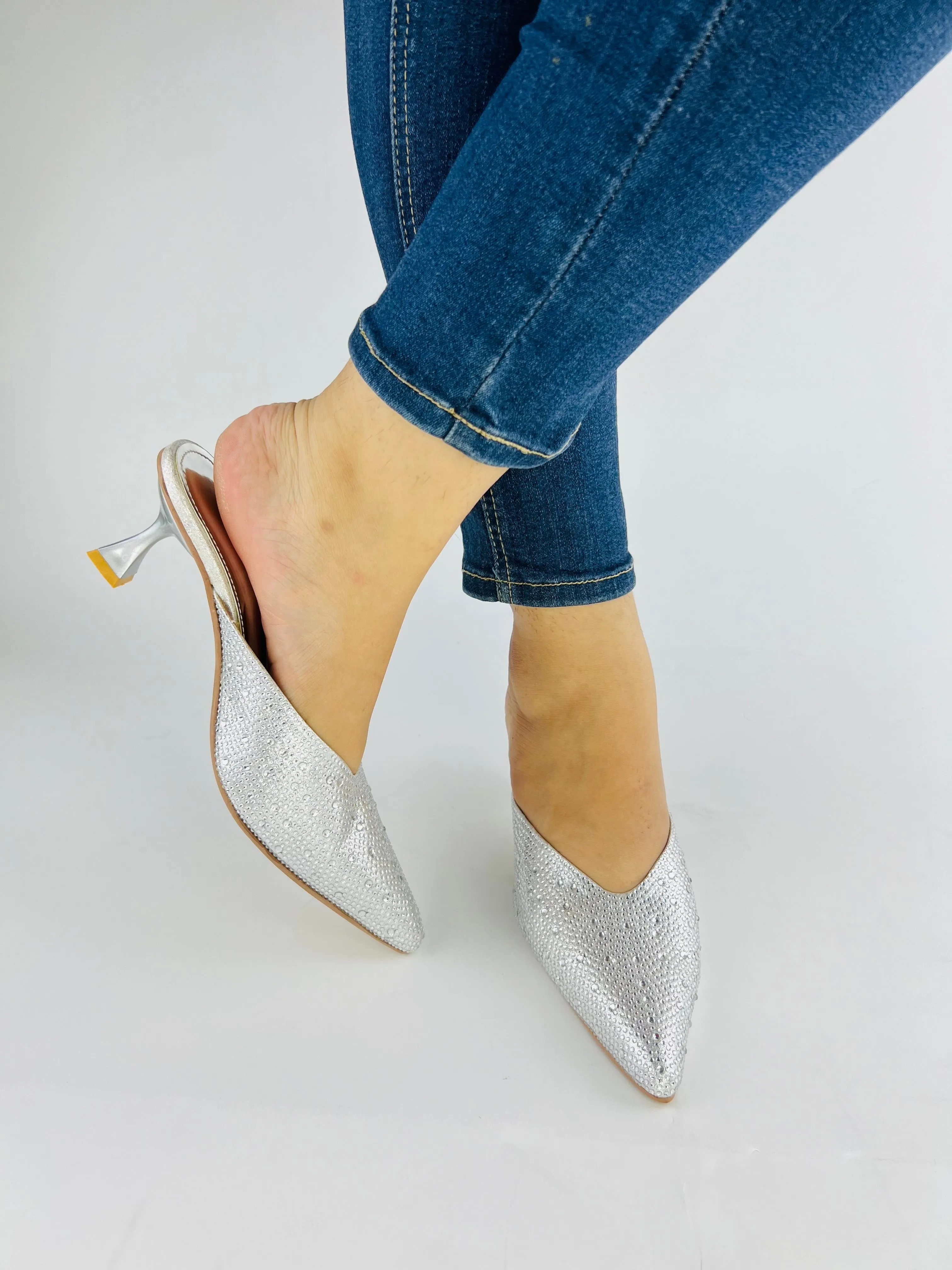 Spunkz Elegant Silver Mules with Shiny Crystal Stones and Pointed Toe Design