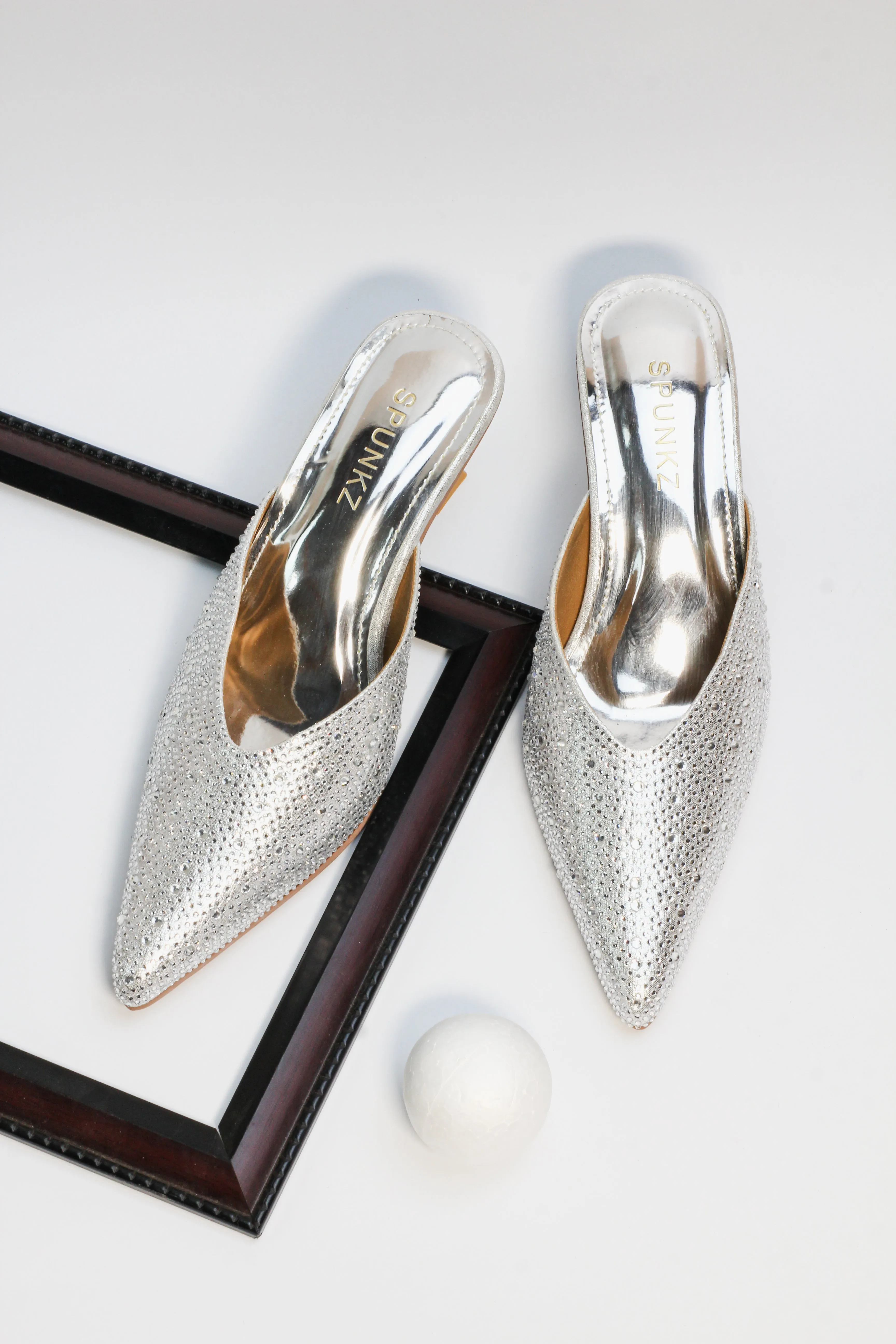 Spunkz Elegant Silver Mules with Shiny Crystal Stones and Pointed Toe Design