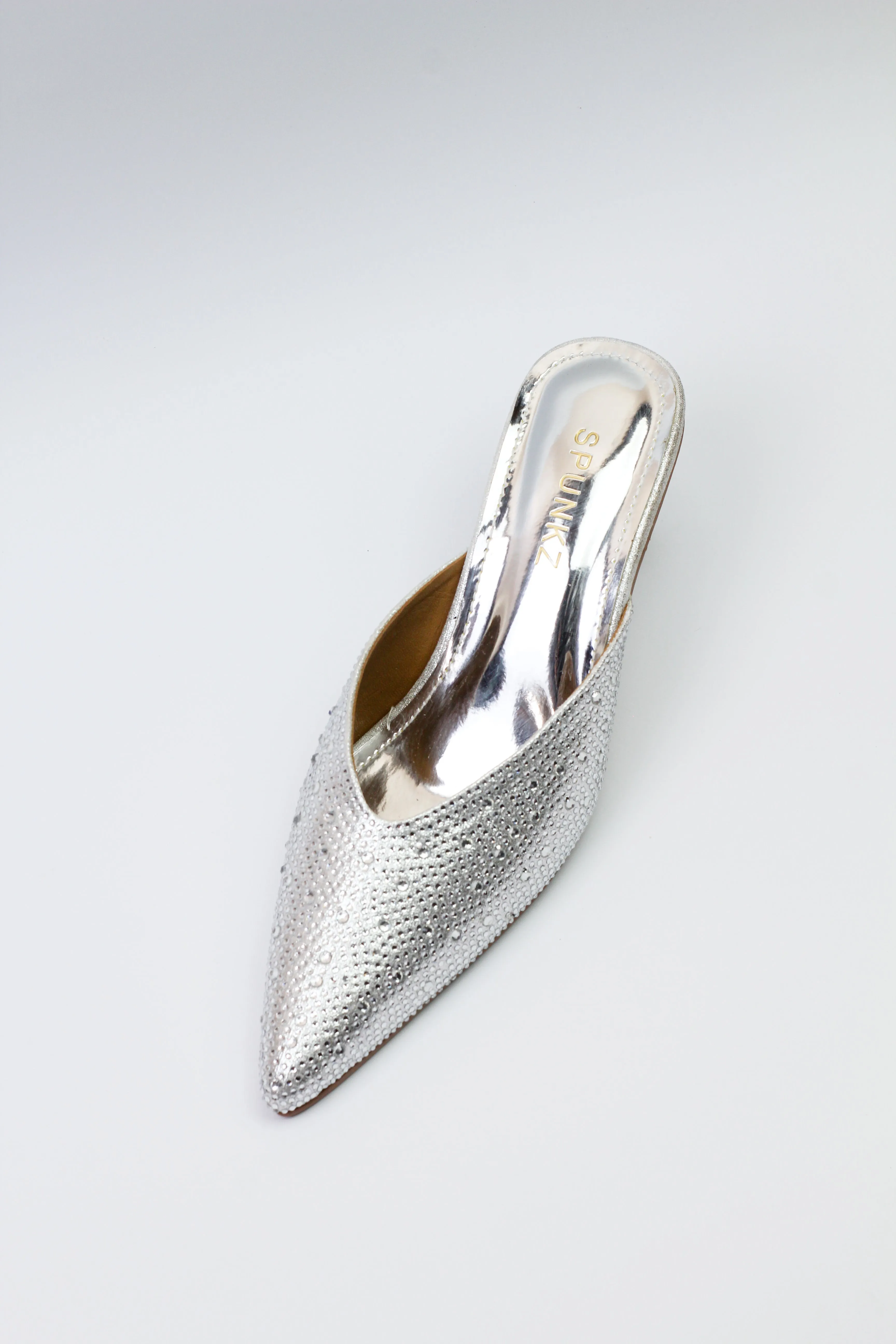 Spunkz Elegant Silver Mules with Shiny Crystal Stones and Pointed Toe Design