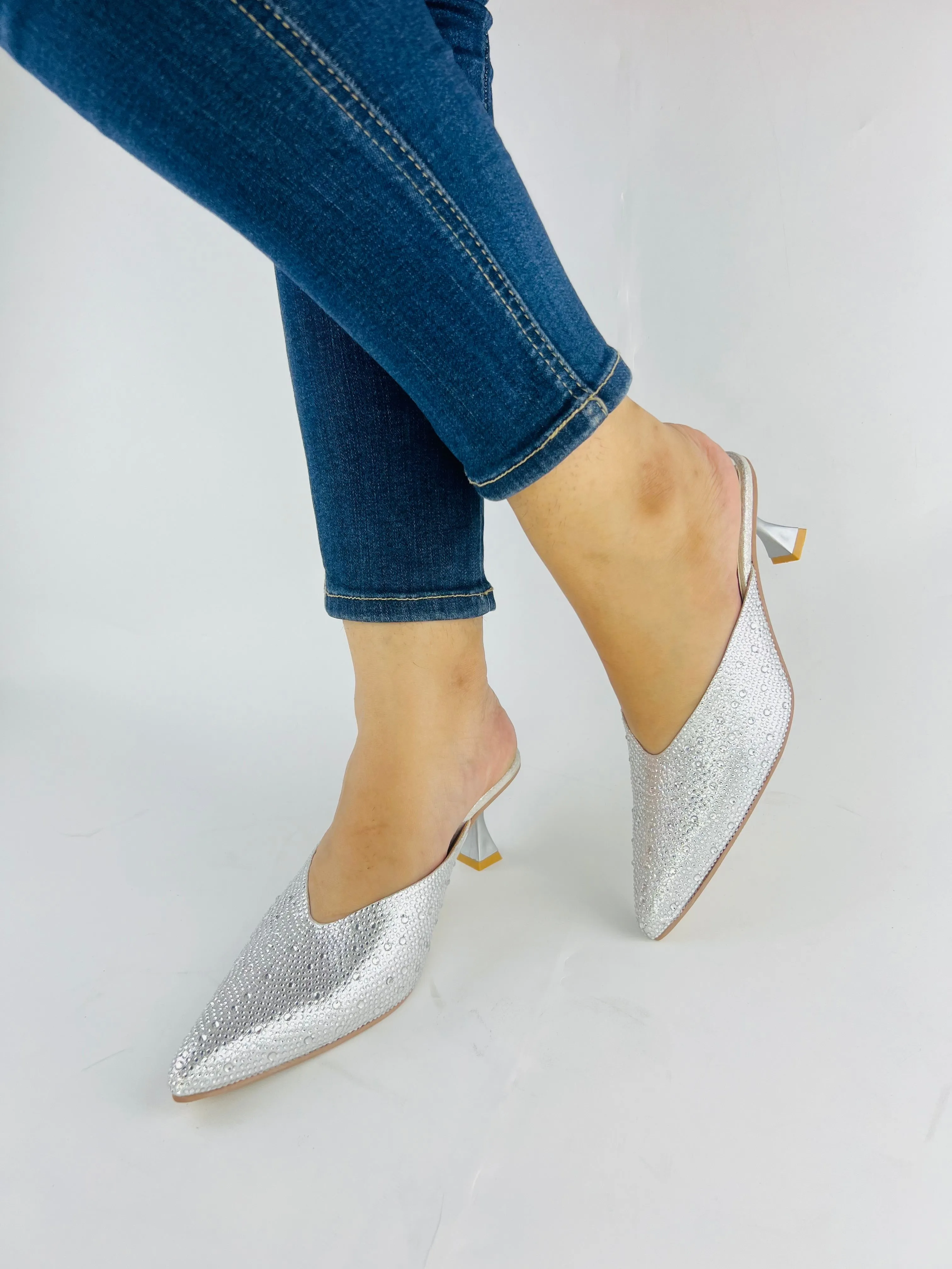 Spunkz Elegant Silver Mules with Shiny Crystal Stones and Pointed Toe Design