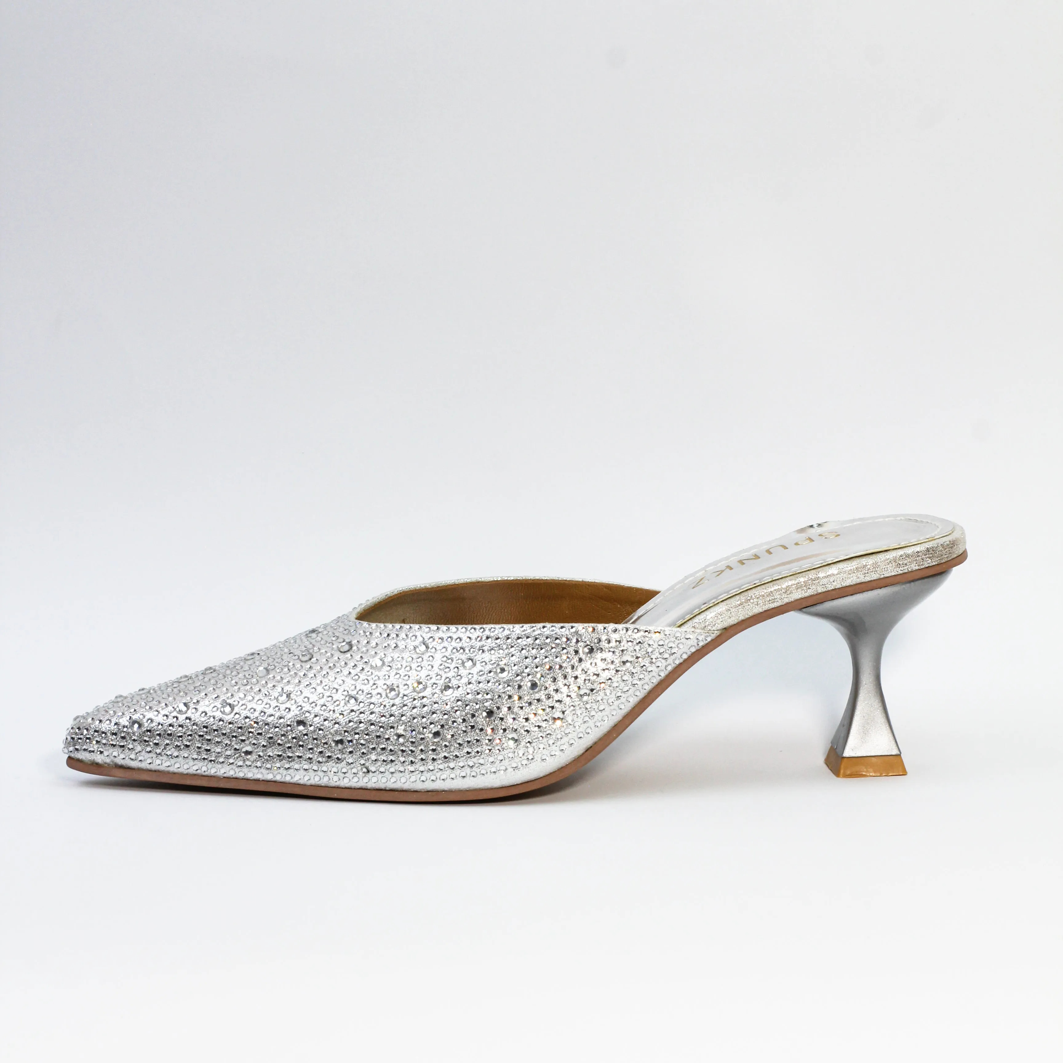 Spunkz Elegant Silver Mules with Shiny Crystal Stones and Pointed Toe Design