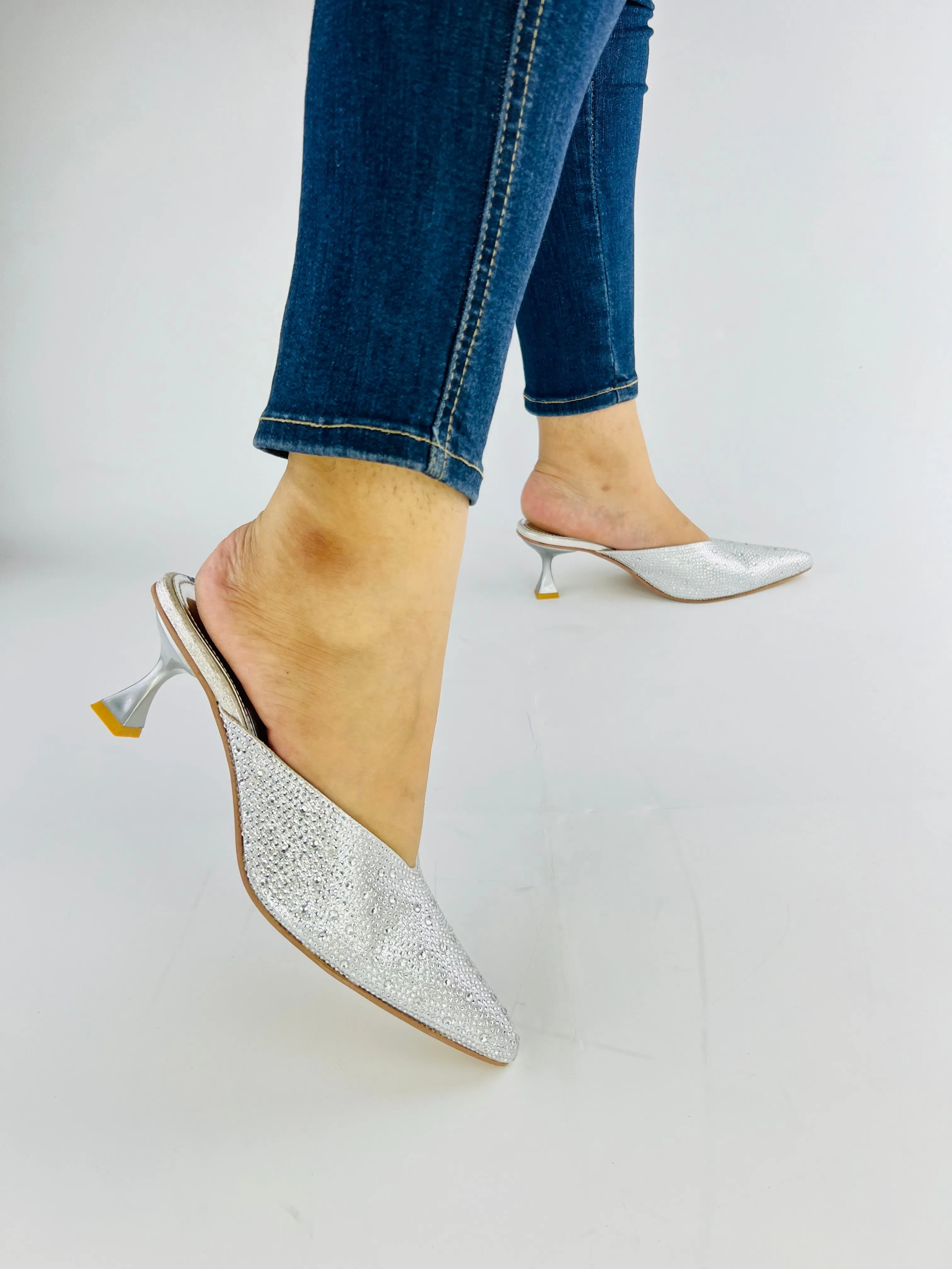 Spunkz Elegant Silver Mules with Shiny Crystal Stones and Pointed Toe Design