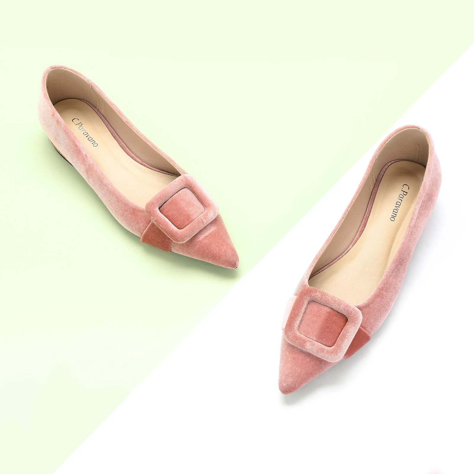 Square Buckle Velvet Flats (Aida) Pink