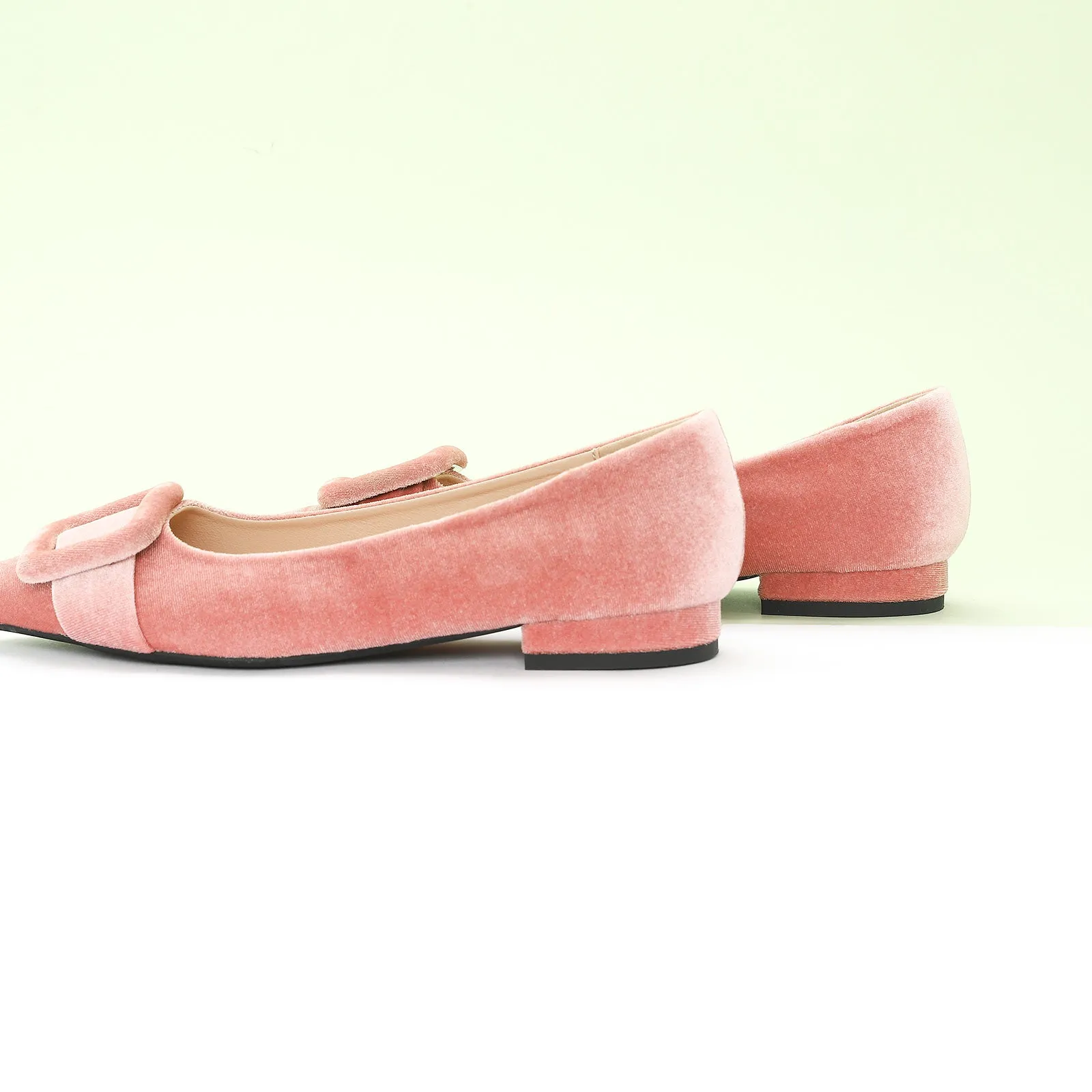 Square Buckle Velvet Flats (Aida) Pink