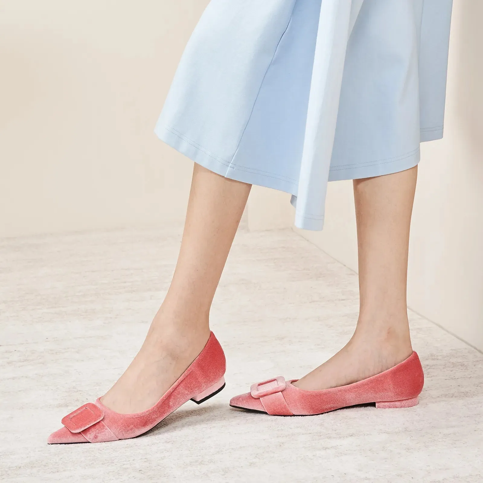 Square Buckle Velvet Flats (Aida) Pink