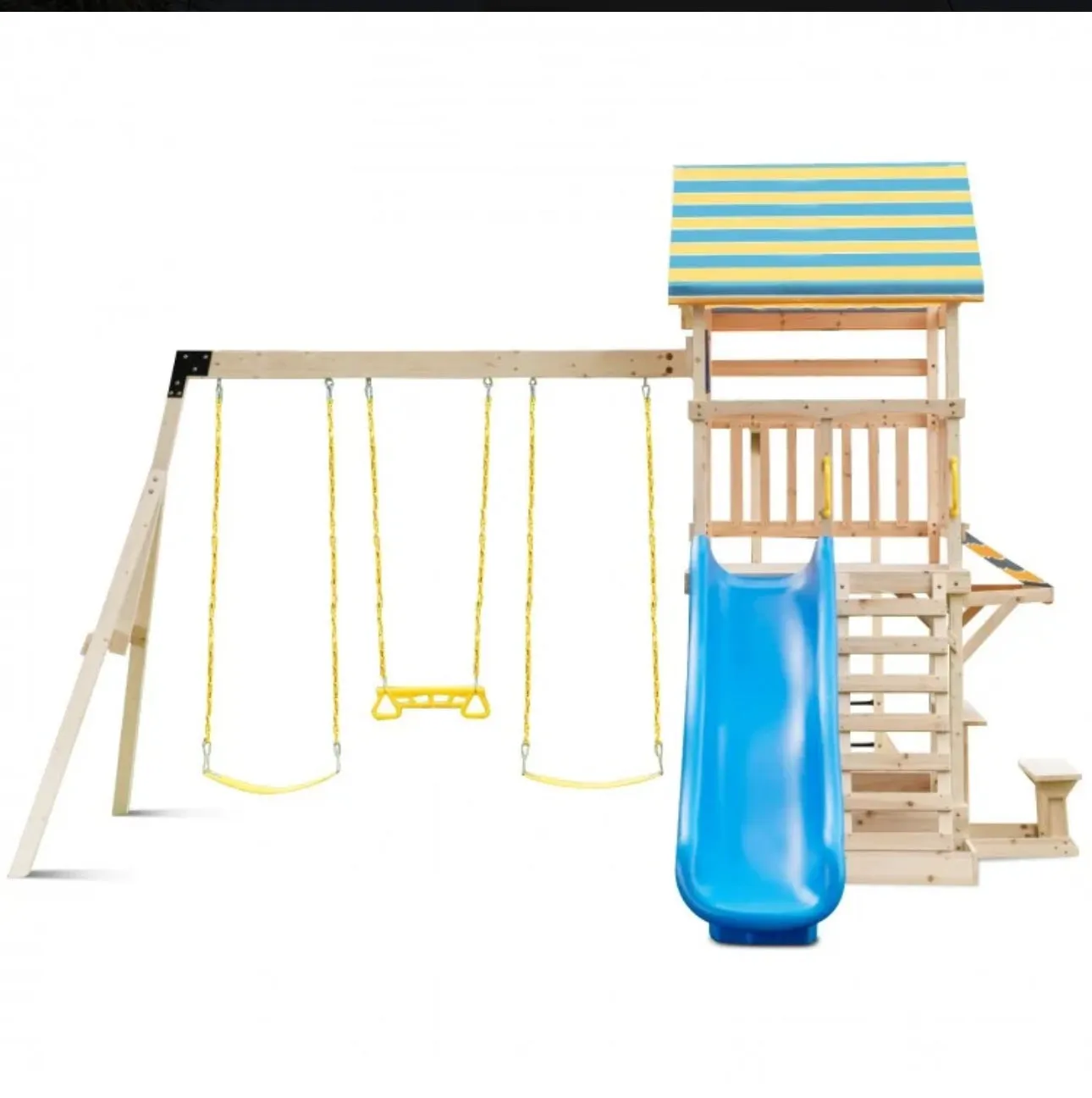 Super Fun Heavy-duty Playground For Children | 3 Swings | Monkey Bars | Climbing | Slide | Tree House Top Deck | Steering Wheel | Telescope | Sandbox | Bench | Awning