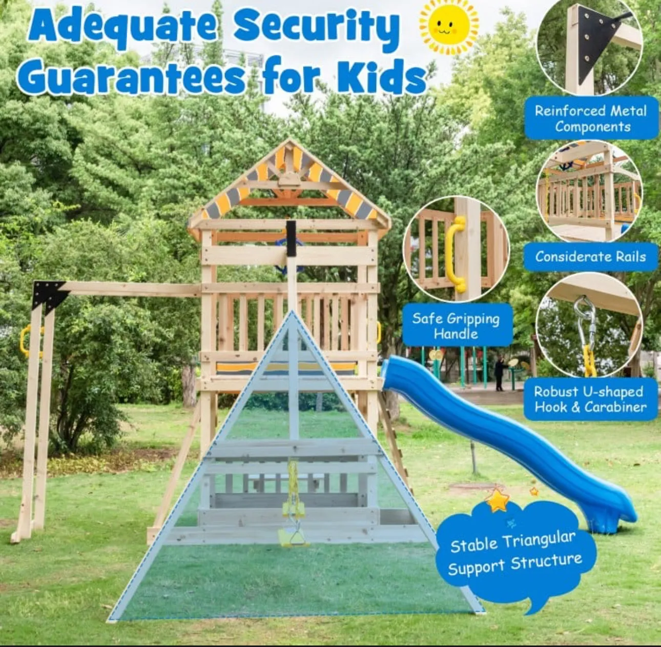 Super Fun Heavy-duty Playground For Children | 3 Swings | Monkey Bars | Climbing | Slide | Tree House Top Deck | Steering Wheel | Telescope | Sandbox | Bench | Awning