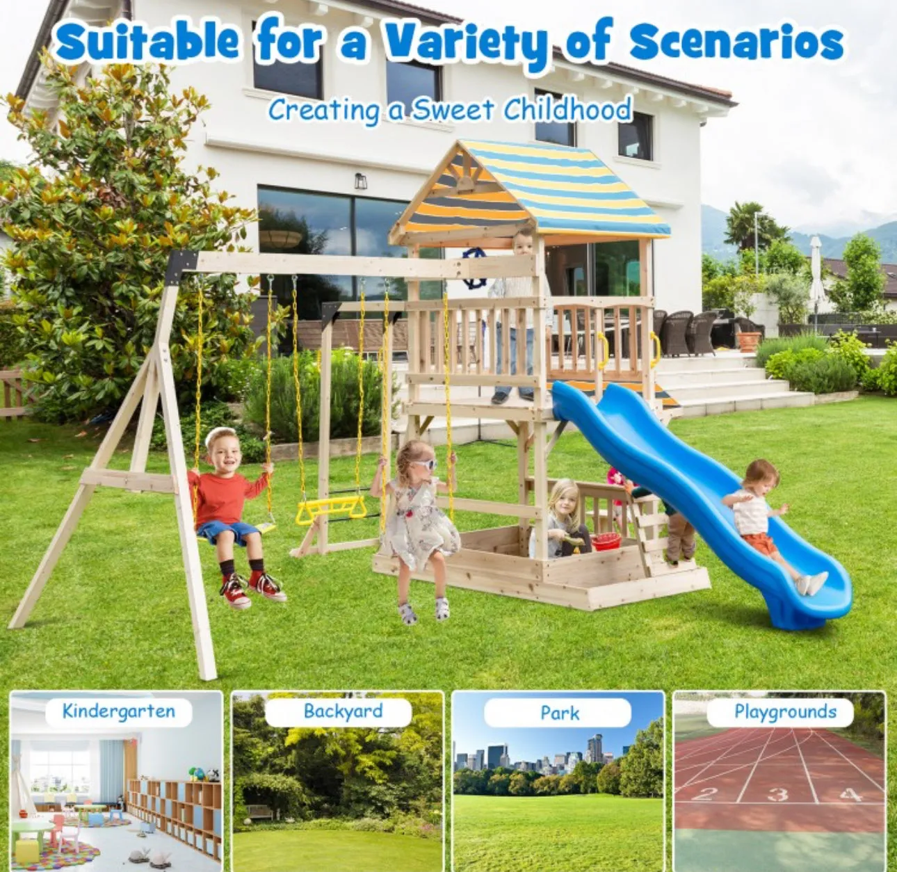 Super Fun Heavy-duty Playground For Children | 3 Swings | Monkey Bars | Climbing | Slide | Tree House Top Deck | Steering Wheel | Telescope | Sandbox | Bench | Awning