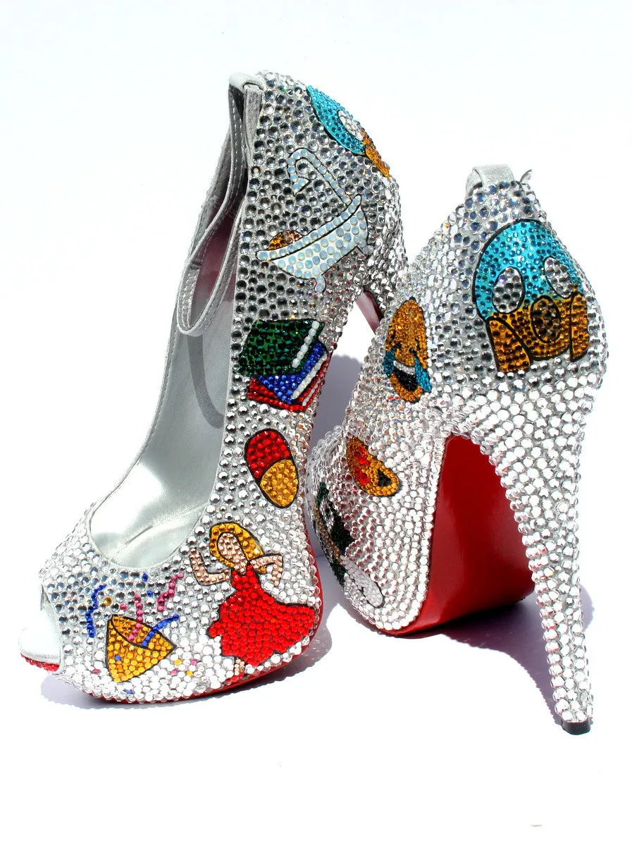 Swarovski Crystal Emoji Peep Toe Heels