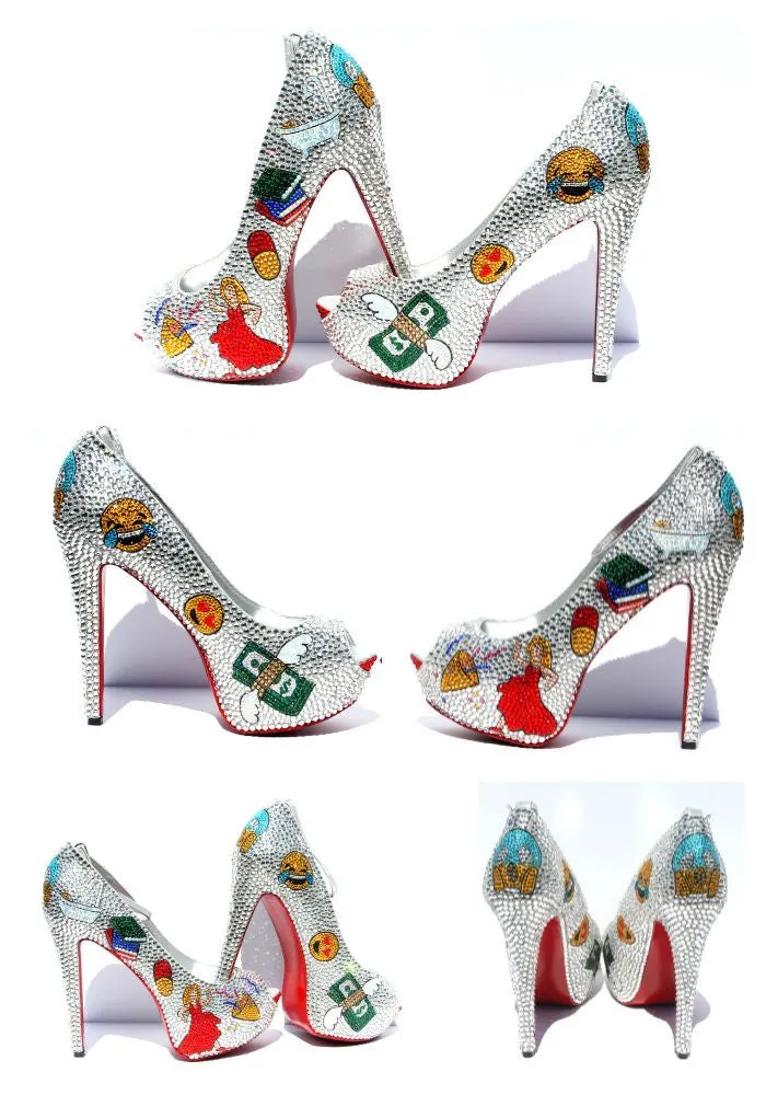 Swarovski Crystal Emoji Peep Toe Heels