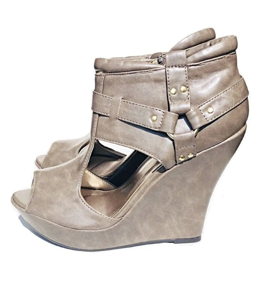 Taupe Wedge Booties Sandals-Seduced