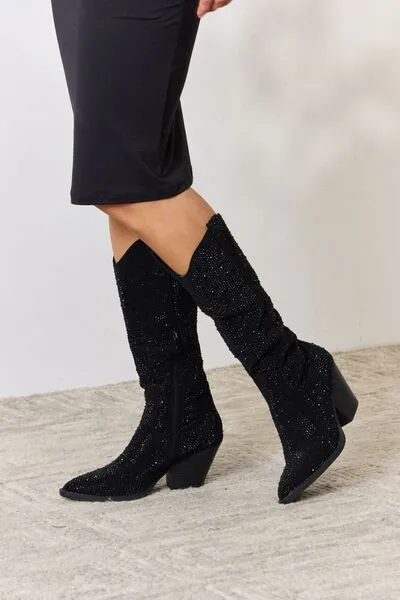 TEEK - Black FL Rhinestone Knee High Cowboy Boots