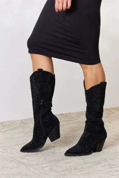 TEEK - Black FL Rhinestone Knee High Cowboy Boots