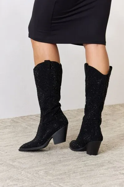 TEEK - Black FL Rhinestone Knee High Cowboy Boots