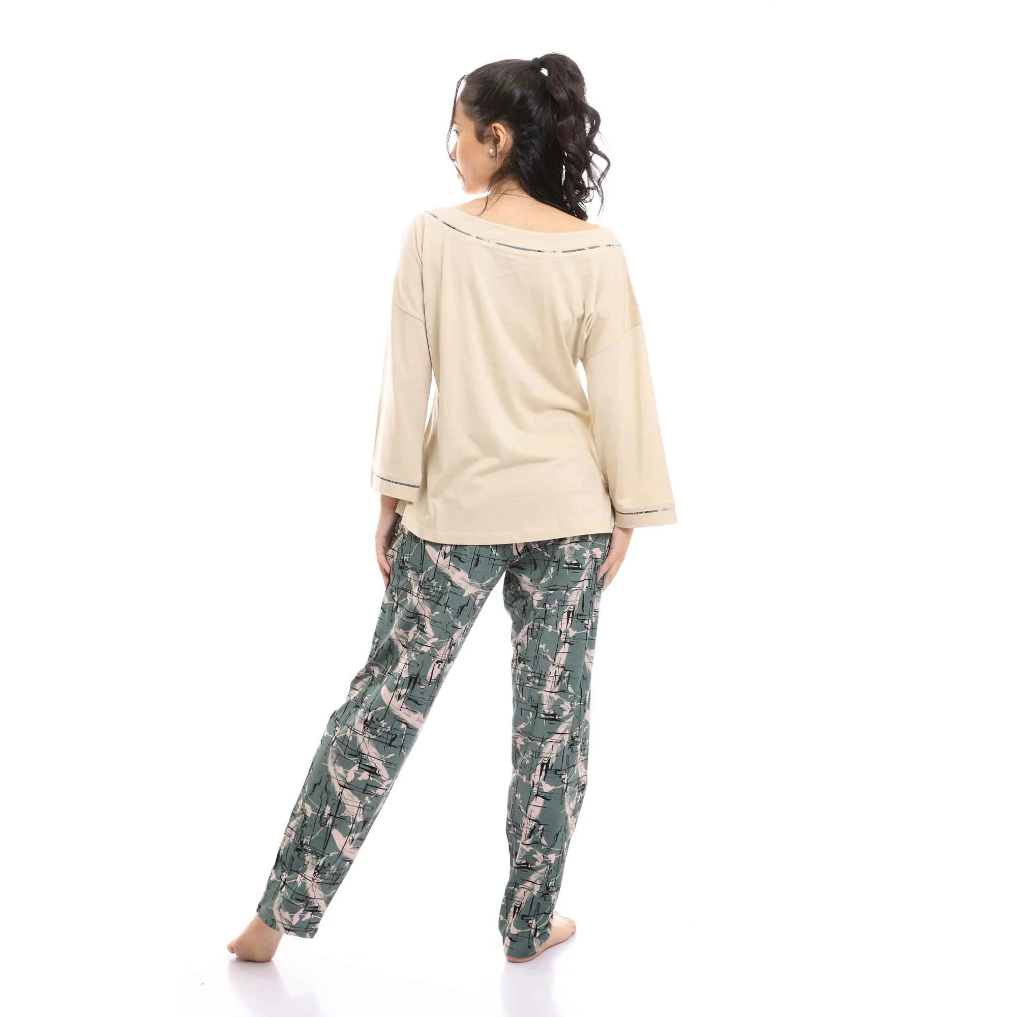 Wide Boat Neck Tee & Patterned Pants Pajama Set - Beige & Olive